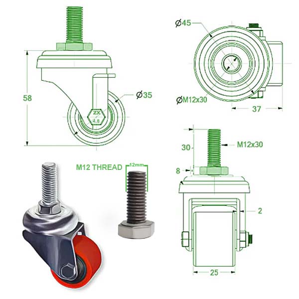 Dark Slate Gray 35mm Heavy Duty Low Level Swivel & Swivel/Brake Fixed M12x30 Threaded Stem Castors 100Kg Load Capacity