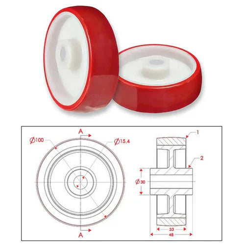 Brown 100mm Polyurethane Tyre On Nylon Centre Plain & Roller Bearing Bore Choice