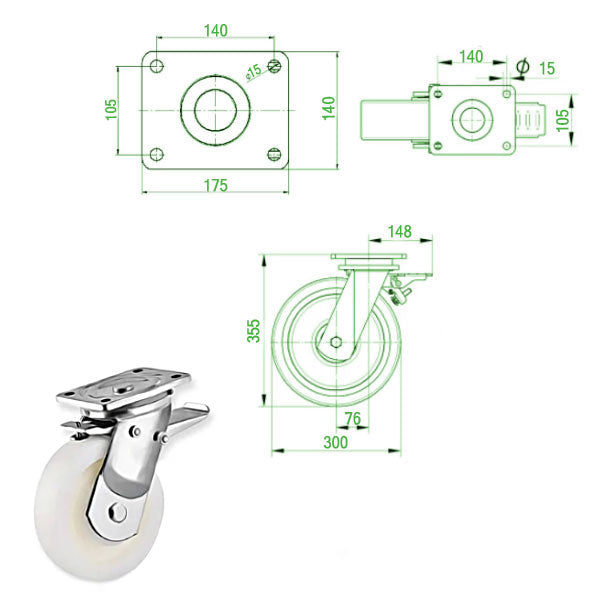 Beige 300mm Ultra Heavy Duty Swivel, Fixed & Total Stop Braked Castor With 4 Bolt Fixing Plate 3000KG Load Capacity