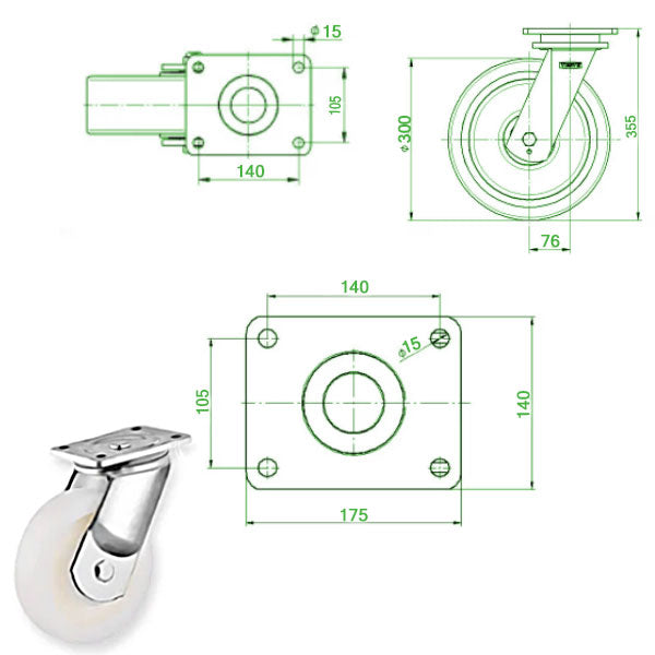 Beige 300mm Ultra Heavy Duty Swivel, Fixed & Total Stop Braked Castor With 4 Bolt Fixing Plate 3000KG Load Capacity