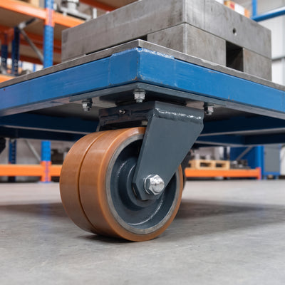 100mm Twin Wheel Swivel Gantry Castor Brown Polyurethane on Cast Iron Wheel Top Plate 600kg Load Capacity