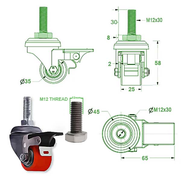 Dark Slate Gray 35mm Heavy Duty Low Level Swivel & Swivel/Brake Fixed M12x30 Threaded Stem Castors 100Kg Load Capacity