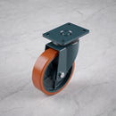 400mm Swivel Castor Orange Polyurethane on Cast Iron Wheel Ball Bearing Top Plate 3200kg Load Capacity 2