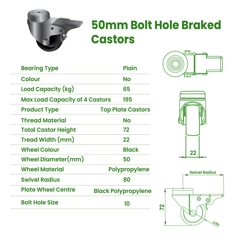 50mm M10 Bolt Hole Swivel Castors with Brake, Black Plastic Polypropylene Wheel, 65kg Load Capacity, Light Duty, 73mm Height for Easy Mobility