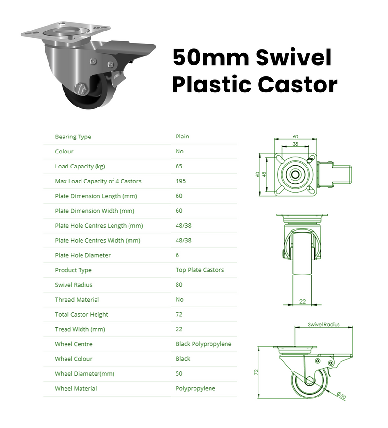 50mm Swivel Plastic Castor with Brake, Black Polypropylene Wheel, 65kg Load Capacity, Top Plate, 4x M6 Bolt Fixing, Light Duty, 72mm Height