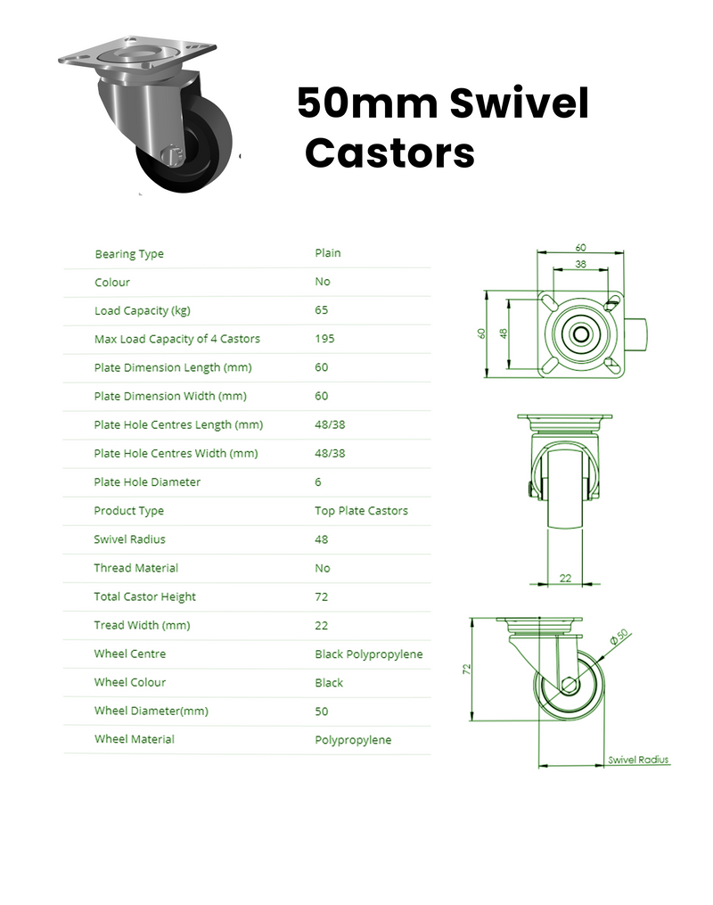 50mm Swivel Castors, Black Polypropylene Wheels, 65kg Load Capacity, Top Plate Mount, 72mm Height, 4x M6 Bolt Fixing