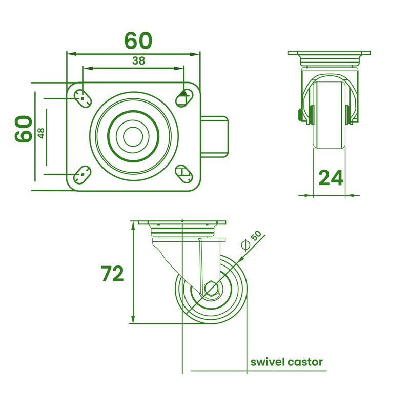 50mm Light Duty Swivel Castors, Grey Rubber Wheels, 60kg Load Capacity, 72mm Height, M6 Bolt Plate, Ideal for Furniture, Shop Displays, & Equipment