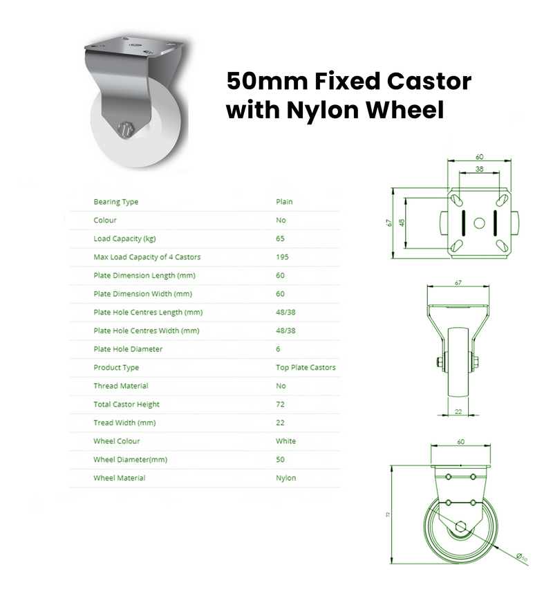 50mm Fixed Nylon Castor with Plain Bearing, 65kg Load Capacity, White Wheel, Top Plate for Furniture & Equipment, 72mm Height, Easy Attachment