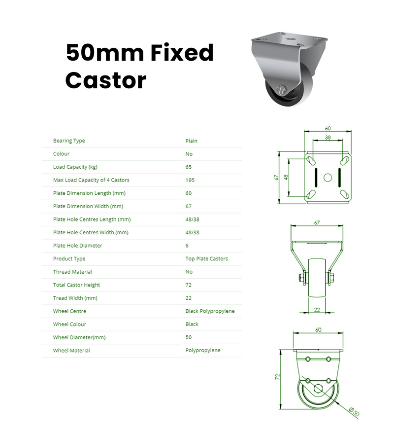 50mm Fixed Castor with Plastic Wheel, 65kg Load Capacity, Top Plate Mount, Black Polypropylene Wheel, Equipment & Display Castor, Smooth Rolling