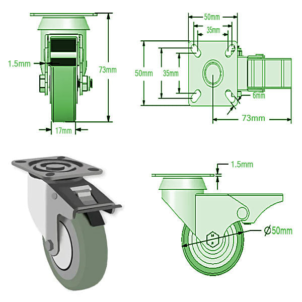 Light Gray 50mm Light Duty  Swivel &  Brake Castor With Grey Rubber Wheel 40kg Load Capacity