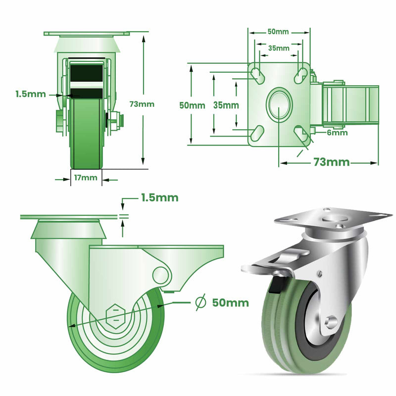50mm Light Duty Swivel &  Brake Castor With Grey Rubber Wheel 40kg Load Capacity