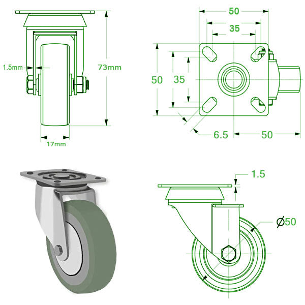 Beige 50mm Light Duty  Swivel &  Brake Castor With Grey Rubber Wheel 40kg Load Capacity