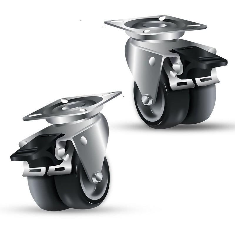 50mm Swivel & Total Stop Brake Castors, 4 Bolt Fitting & Twin Grey Non Marking Wheel - 60kg Load Capacity