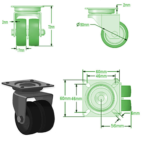 Light Gray 50mm Swivel & Braked Apparatus Castor with 4 Bolt Fitting & Twin Black Nylon Wheel 70kg Load Capacity