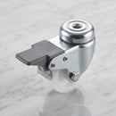 50mm braked swivel bolt hole castor with white nylon wheel on light grey marble, high-angle three-quarter view
