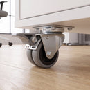 50mm twin wheel braked top plate castor with grey rubber wheels bolted under a white office drawer pedestal