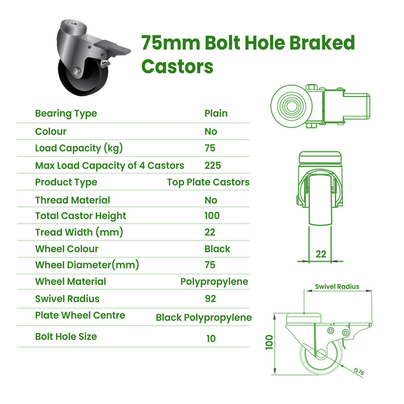 75mm Swivel Braked Castors with 10mm Bolt Hole, Black Polypropylene Wheel, 75kg Load Capacity, Foot Operated Brake, Ideal for Mobile Furniture