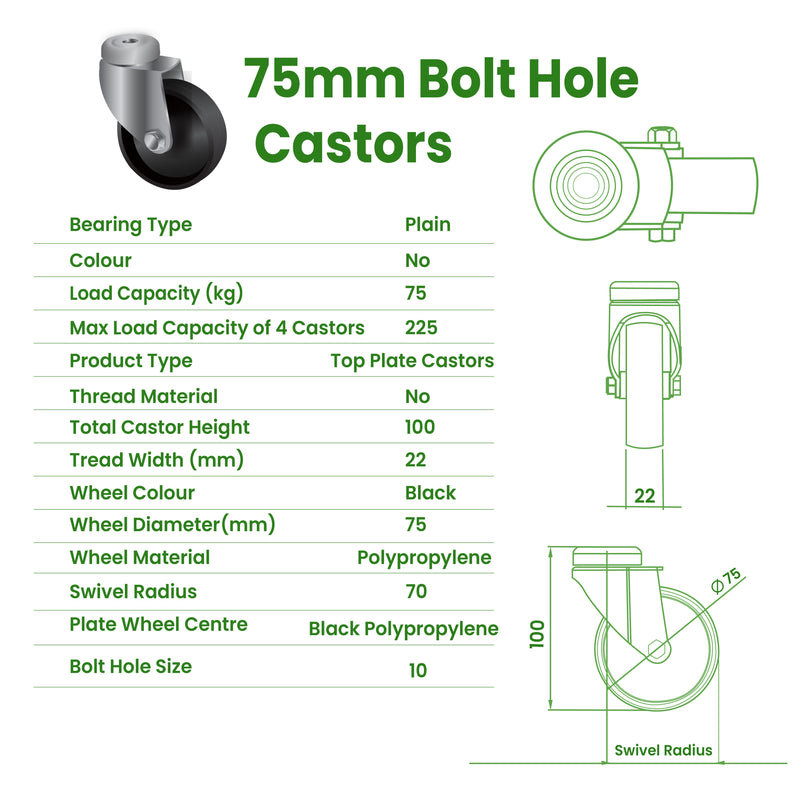 75mm Bolt Hole Castors with Black Polypropylene Wheel, 75kg Load Capacity, Swivel, Light Duty, Plain Bearing, for Mobile Step Ladders, Stools & More