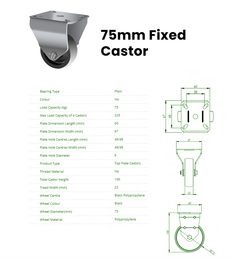 75mm Fixed Castor Wheels with Black Polypropylene Tread, 75kg Load Capacity, Top Plate, Plain Bearing for Furniture, Equipment, and Display - Set of 4