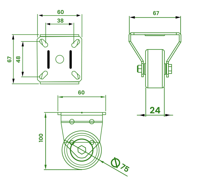 75mm Fixed Castors with Grey Rubber Wheel, Plain Bearing, 70kg Load Capacity, Top Plate, Easy Mount, 100mm Total Height