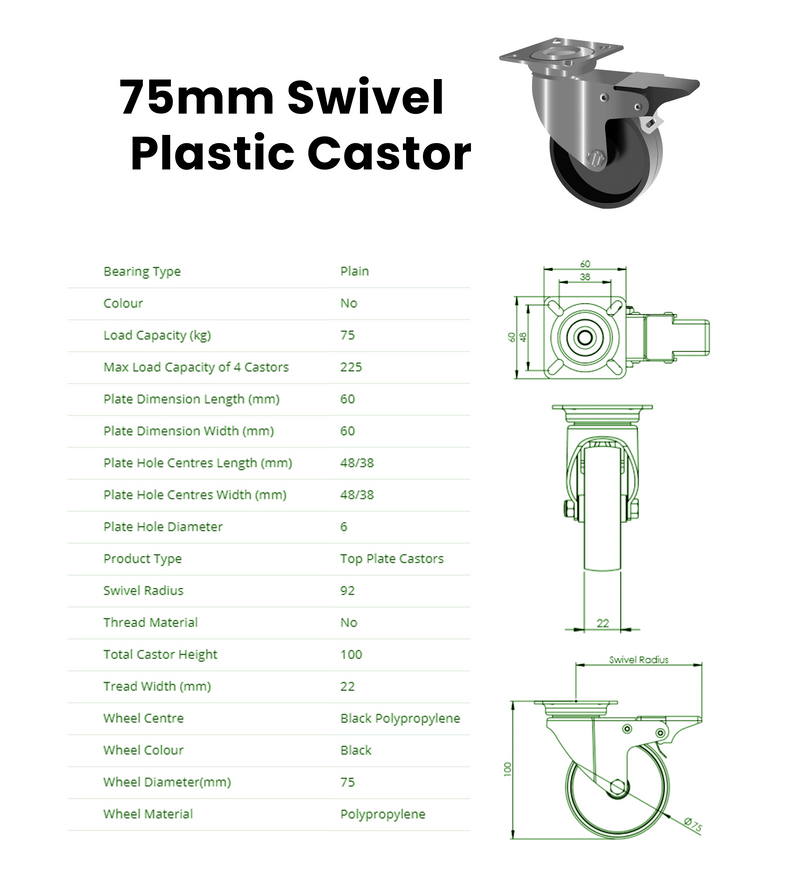 75mm Swivel Plastic Castor with Brake, 75kg Load Capacity, Black Polypropylene Wheel, 4 M6 Bolt Fixing Plate, Ideal for Carpeted Flooring, 100mm Height