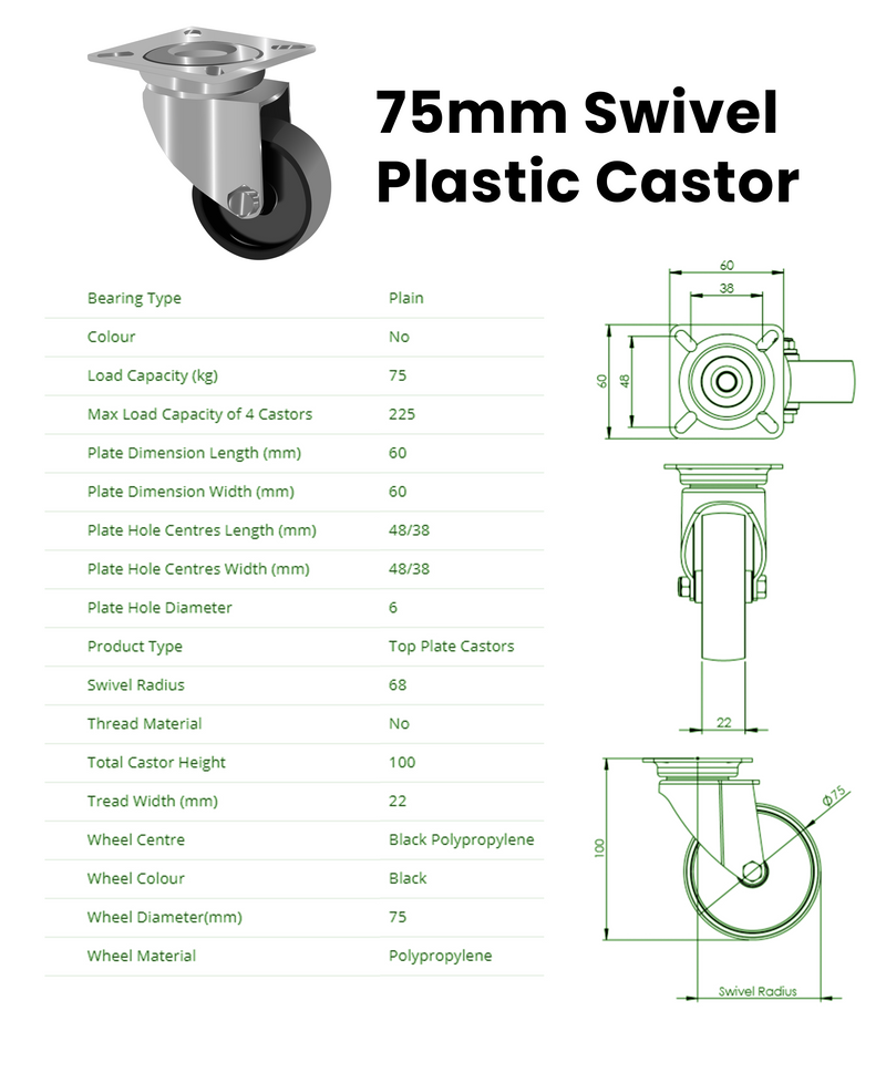 75mm Swivel Plastic Castor, Black Polypropylene Wheels, 75kg Load Capacity, 4x M6 Bolt Fixing Plate, Carpeted Floors, 100mm Total Height