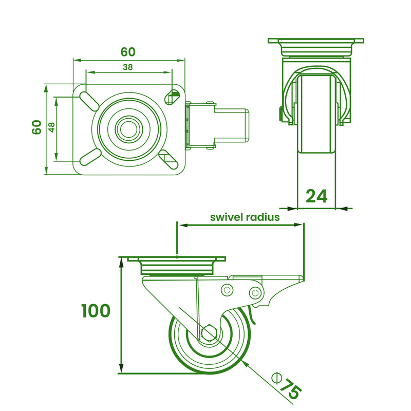 75mm Braked Swivel Castors, Grey Rubber Wheels, 70kg Load Capacity, Top Plate Fitting, Easy Brake Operation, Ideal for Display & POS Equipment, 4-Pack