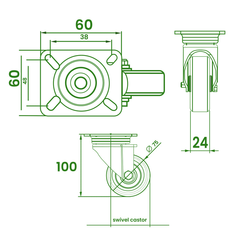 75mm Light Duty Swivel Castors with Grey Rubber Wheels, 70kg Load Capacity, 4x M6 Bolt Plate Fitting, Ideal for Furniture, Equipment & Display Use