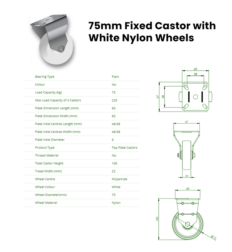 75mm Fixed Castor with White Nylon Wheel, Plain Bearing, Top Plate, 225kg Load Capacity, Durable Polyamide Center & Heavy Duty