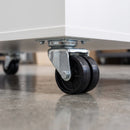 75mm twin wheel top plate castor with black polypropylene wheels fitted under a white mobile storage cabinet