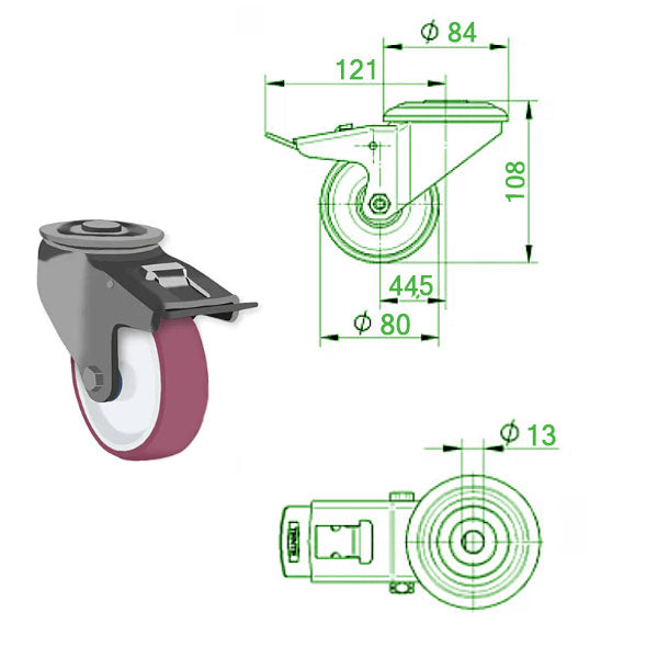 Light Gray 80mm Stainless Steel Swivel & Braked Bolt Hole Castor with Polyurethane Wheel 100kg Load Capacity