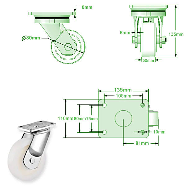 Beige 80mm ULTRA Heavy Duty Swivel & Fixed Castors with Cast Nylon Ball Bearing Wheel