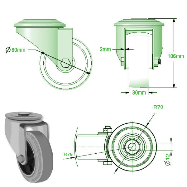 Light Gray 80mm Medium Duty Swivel & Total Stop Castor with Grey Rubber Wheel and Single Bolt Hole Fixing 70Kg Load Capacity