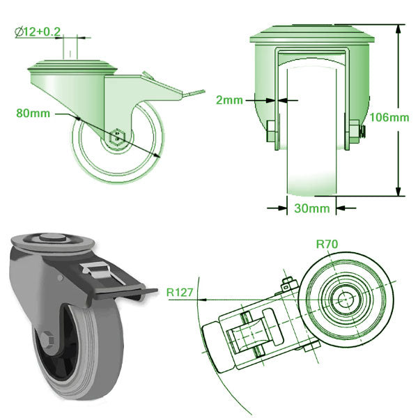 Light Gray 80mm Medium Duty Swivel & Total Stop Castor with Grey Rubber Wheel and Single Bolt Hole Fixing 70Kg Load Capacity