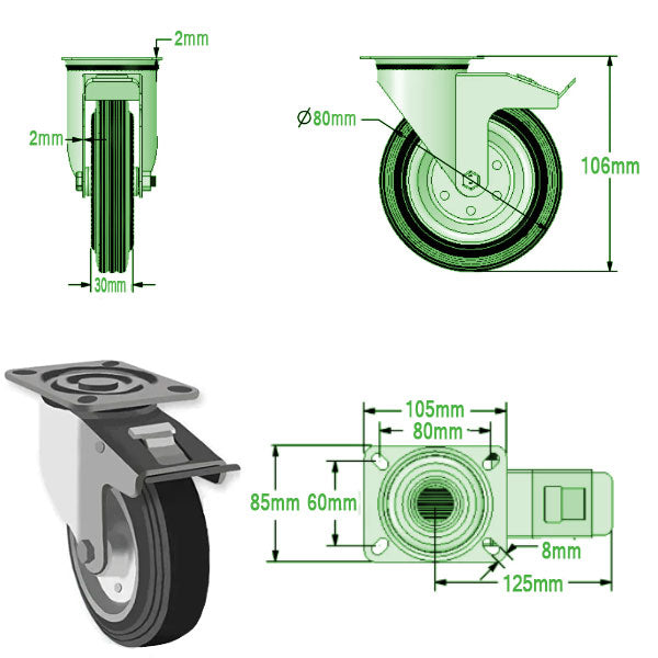 Light Gray 80mm Medium Duty Swivel, Fixed & Braked Casters Black Rubber Wheel 65kg Load Capacity