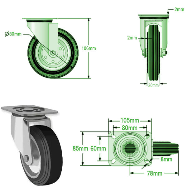 Light Gray 80mm Medium Duty Swivel, Fixed & Braked Casters Black Rubber Wheel 65kg Load Capacity