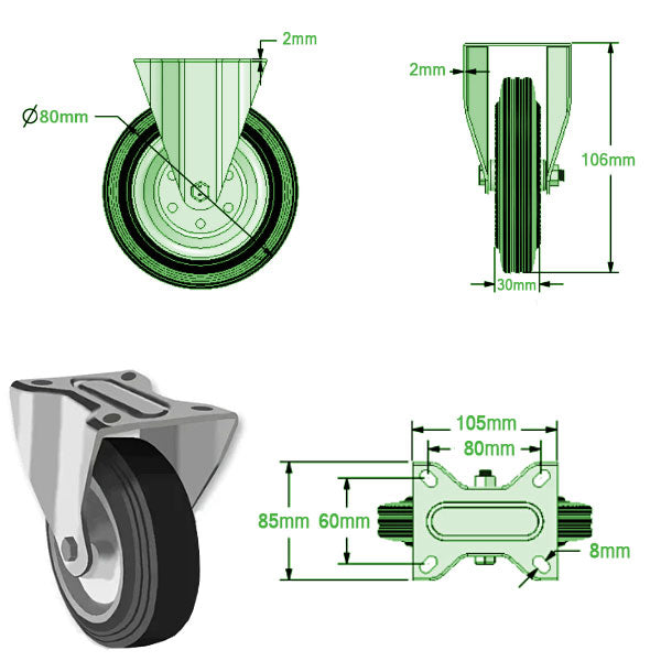 Dark Slate Gray 80mm Medium Duty Swivel, Fixed & Braked Casters Black Rubber Wheel 65kg Load Capacity