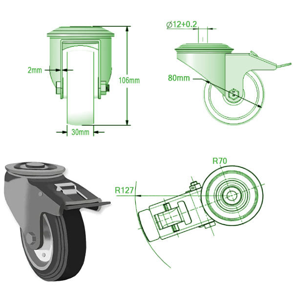 Light Gray 80mm Medium Duty Swivel, & Braked Casters Black Rubber Wheel 65Kg Load Capacity