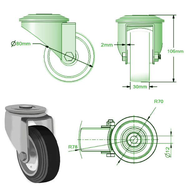 Light Gray 80mm Medium Duty Swivel, & Braked Casters Black Rubber Wheel 65Kg Load Capacity