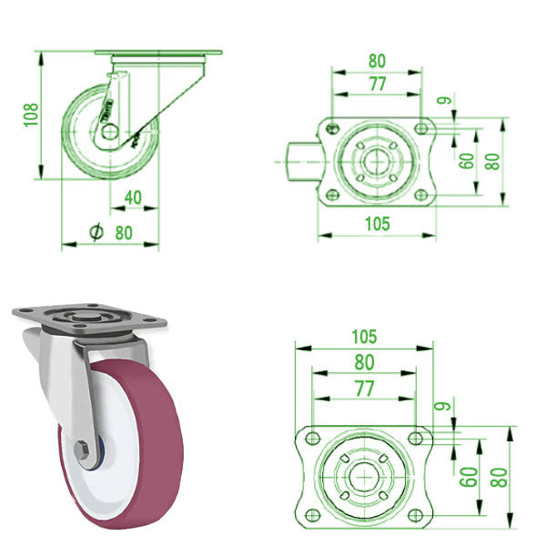 Beige 80mm Stainless Steel Swivel, Fixed & Braked Castor with Polyurethane Wheel & Total Stop Brake 100kg Load Capacity