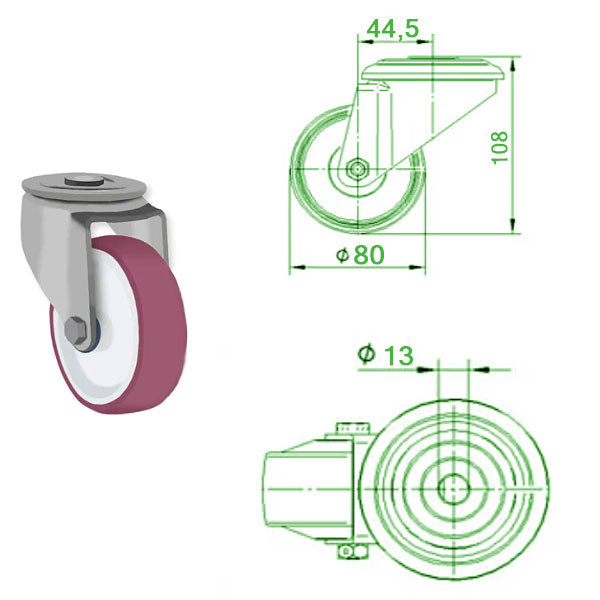 Light Gray 80mm Stainless Steel Swivel & Braked Bolt Hole Castor with Polyurethane Wheel 100kg Load Capacity