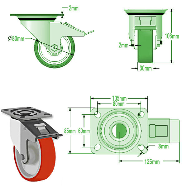 Light Gray 80mm Medium Duty Swivel, Fixed & Braked Castors with Red Polyurethane Wheel 150kg Load Capacity