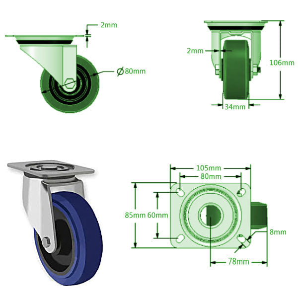 Dark Slate Gray 80mm Medium Duty Swivel, Fixed & Braked Castors with Blue Elastic Rubber Wheels 150kg Load Capacity