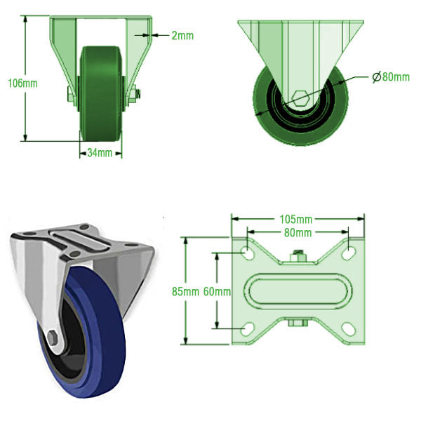 Dark Slate Gray 80mm Medium Duty Swivel, Fixed & Braked Castors with Blue Elastic Rubber Wheels 150kg Load Capacity