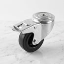 80mm braked castor with black rubber on polypropylene wheel, top view of the 12mm bolt hole