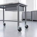 80mm braked grey rubber castors on a steel mobile workbench with stainless steel top