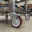 80mm braked swivel bolt hole castor with red polyurethane on nylon wheel and roller bearing, 100kg load capacity
