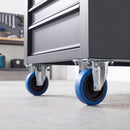 80mm fixed top plate castors with blue non-marking rubber wheels bolted under a steel tool cabinet