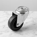 80mm swivel castor with black rubber on polypropylene wheel, top view of the 12mm bolt hole