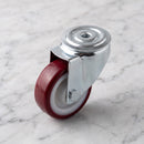80mm swivel castor with red polyurethane wheel, top view of the 12mm bolt hole